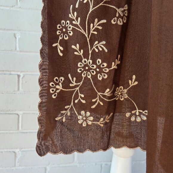 Vintage Chocolate Brown Embroidered Linen Shift Dress with Buttons & Tie Accent - Picture 11 of 13